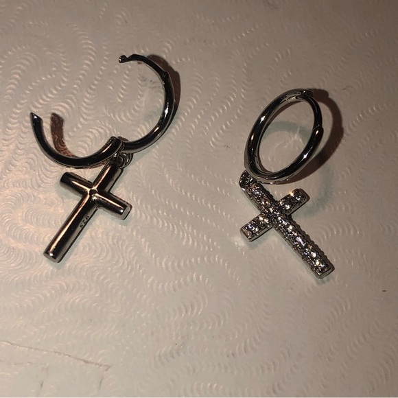 STERLING Silver Mini Hoops w Cz Cross Dangle Drop Approx 1.1” Total - Picture 2 of 4